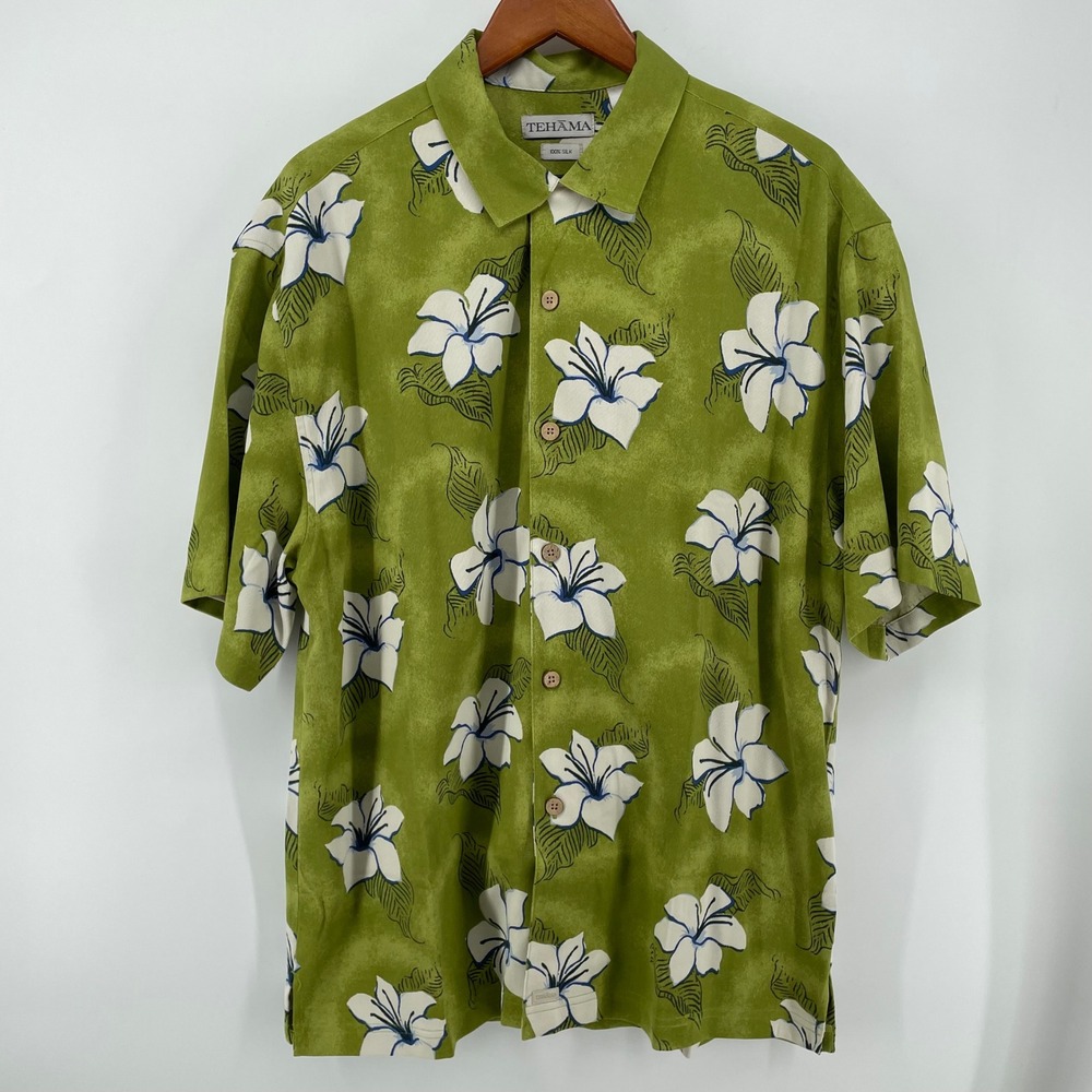 Tehama Silk‎ Hawaiian Shirt Men's Large Green Floral Short Sleeve Vacay Travel